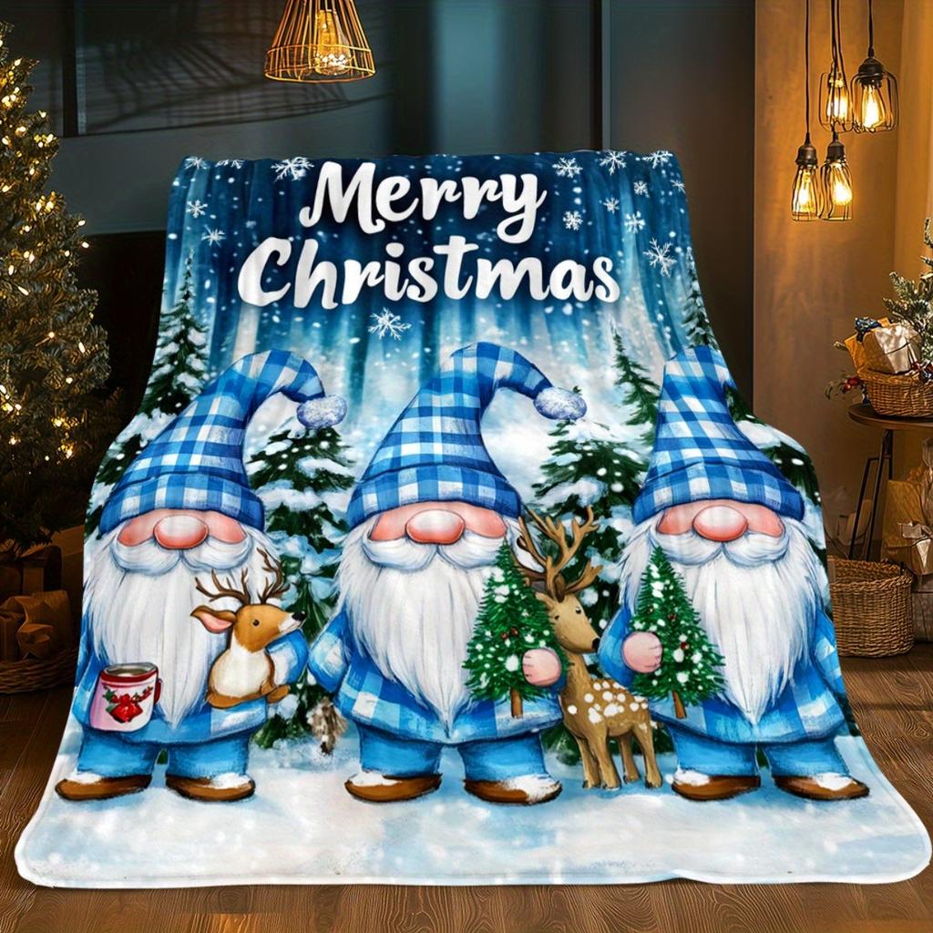 1pc Merry Christmas Gnomes Snow Forest Fleece Blanket Holiday Themed Soft Plush Throw Winter Gift for Family