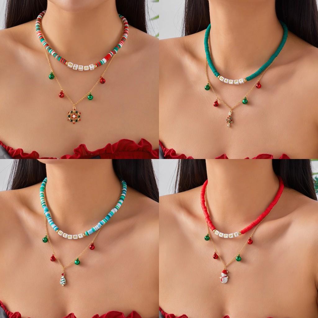 Christmas Alloy Pendant Necklace With Santa Bell And Snowflake For Holiday Party Accessory