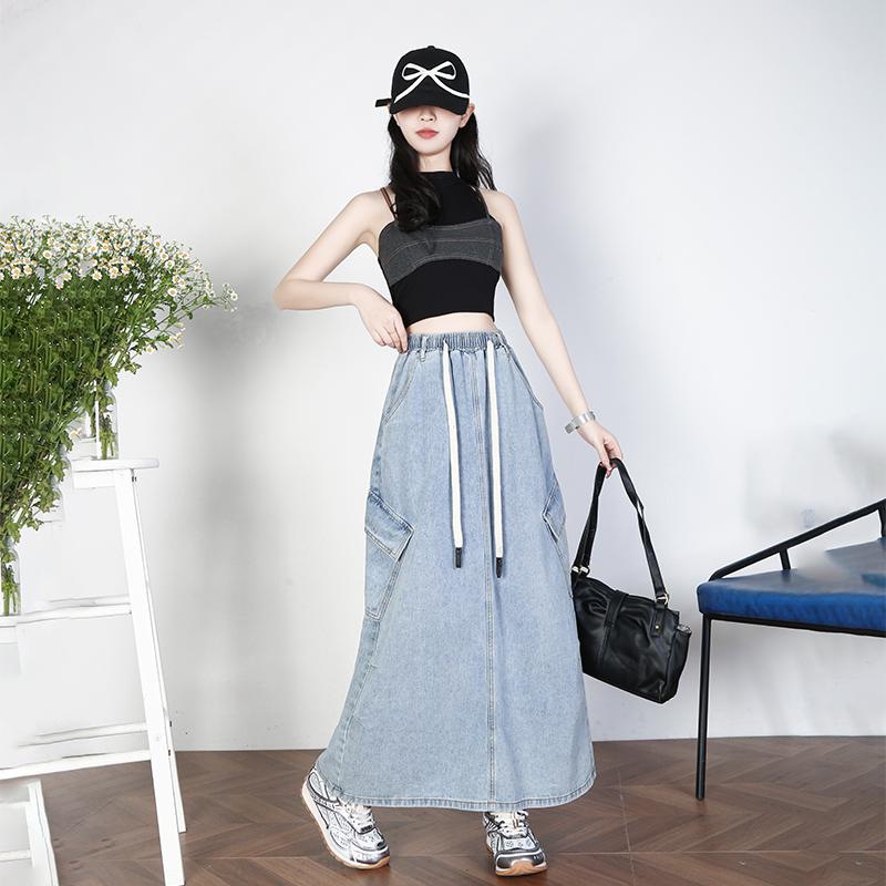 Dimanaf 2025 Plus Size Summer Elastic Denim Skirts Women A-Line Fashion Loose Long Skirt High Waist Vintage Maxi