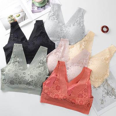 Nahtlose, atmungsaktive Spitze-Push-Up-BHs für Frauen, sexy, kabelloses Top, Dessous, V-Ausschnitt, Bralette, Unterwäsche mit niedrigem Rücken