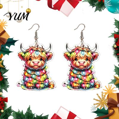 Colorful Christmas Earrings 1 Pair Acrylic Highland Cow for Women, Cute Scottish Cattle Calf Dangle Drop Earrings, Cartoon Farm Animal Jewelry