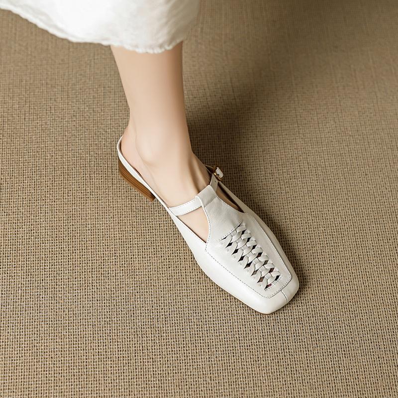 Fashion 2025 Outside Summer Women Mules Genuine Leather Women Shoes Cover Toe Chunky Heel Slippers Square Toe Hollow-out Modern Slippers