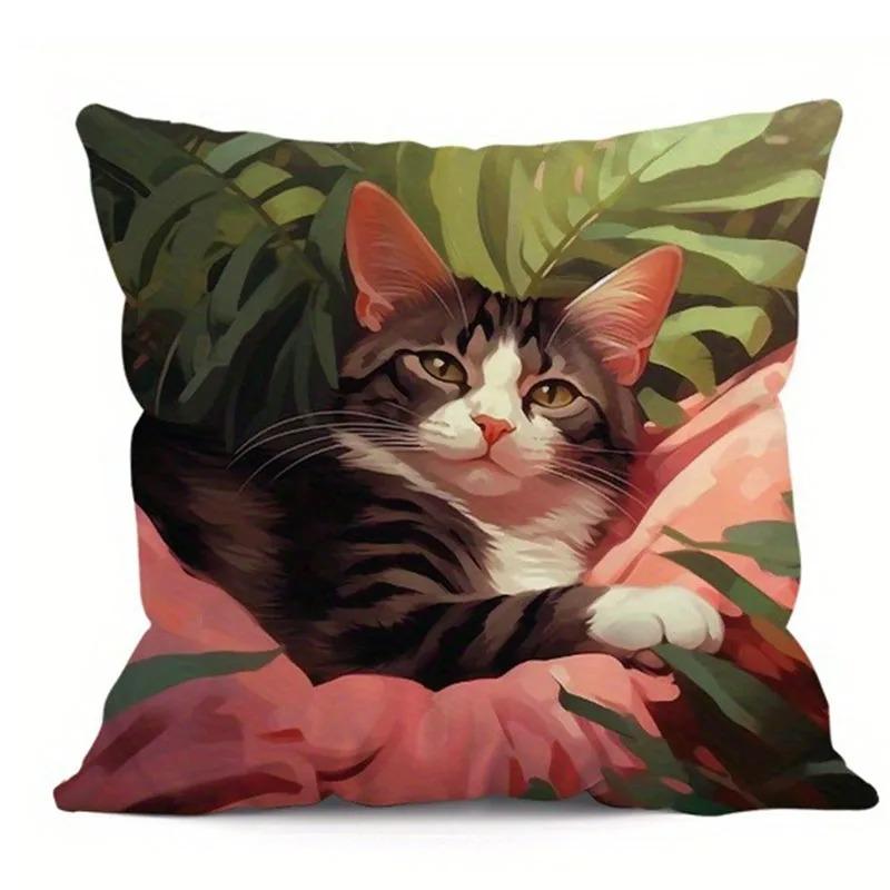 Heimdeko Niedliche Katzen in blühendem & blättrigem Garten Kissenbezüge Muster Kissenbezug Geeignet für Sofa Schlafzimmer Auto Kissenbezug