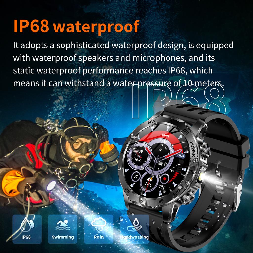 SACOSDING 800mAh Akku mit großer Kapazität Smartwatch Herren Outdoor Kompass Taschenlampe IP68 Sport Fitness Sprachanrufe Herren Smartwatch