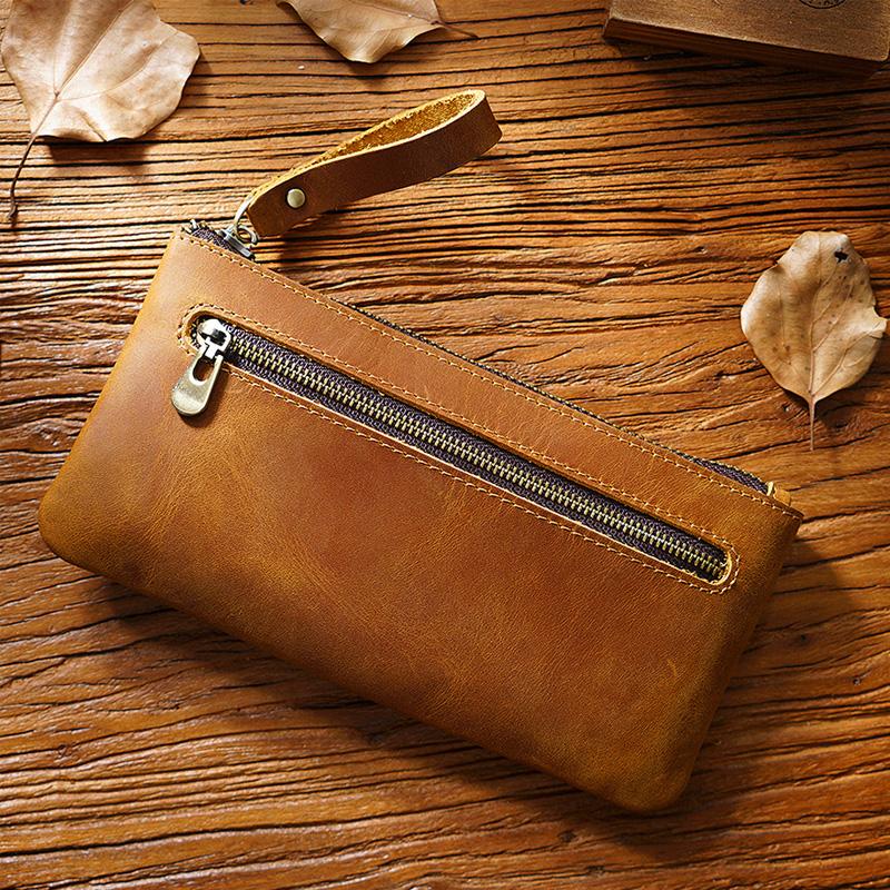 Fromthenon Retro Crazy Horse Leather Zipper Pen Bag Portable Large Capacity Pen Case Pencil Bag Teacher Bag Vintage Stationery