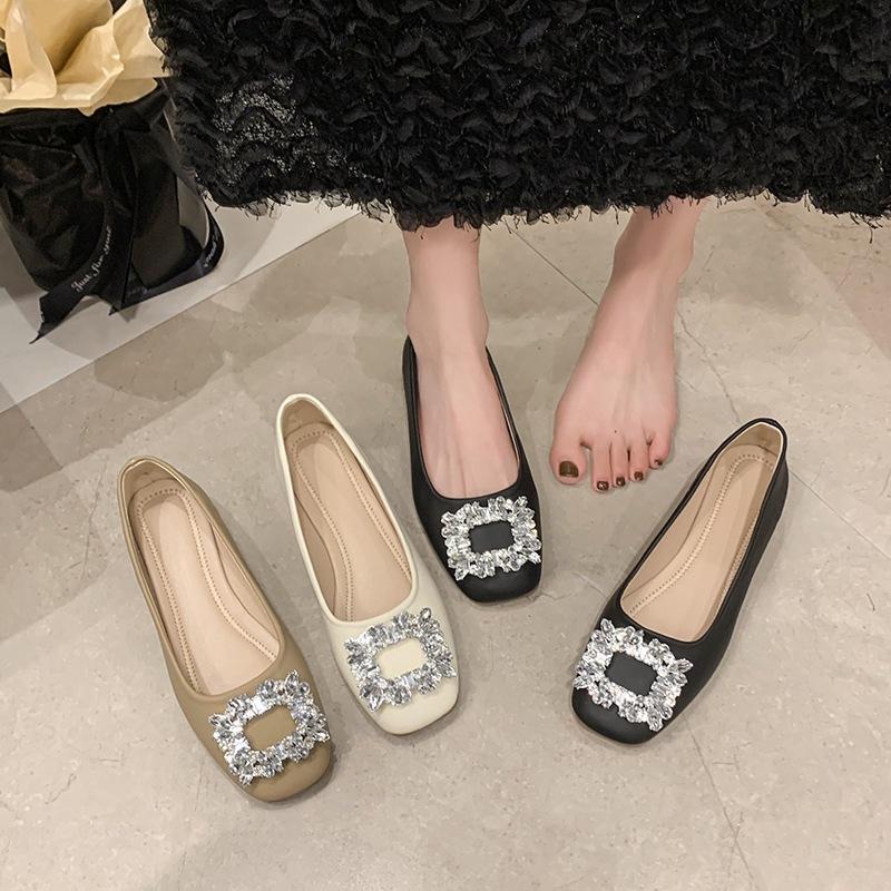 Soft leather soft bottom rhinestone women's shoes 2025 new fashion casual not tired feet flat bottom shallow mouth square head one pedal single shoes