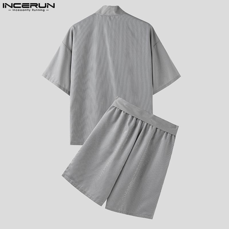 INCERUN Two Piece Suit Summer Men Short Sleeve Front Cross Shirts Bandage Pants Outfits Sets