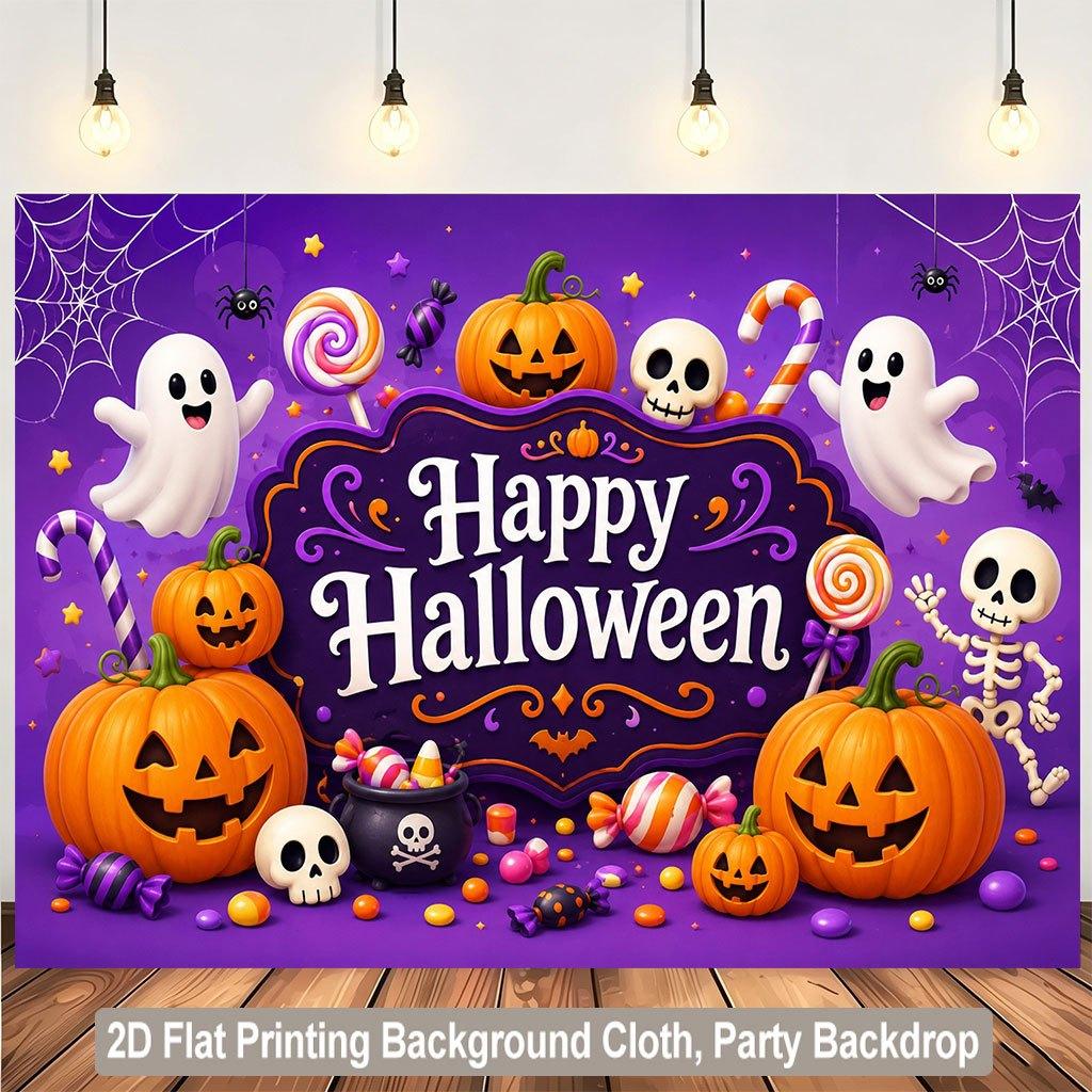 1 piece of 2D flat background fabric, Halloween happy pumpkin, ghost, skull, candy, spider background fabriczyc