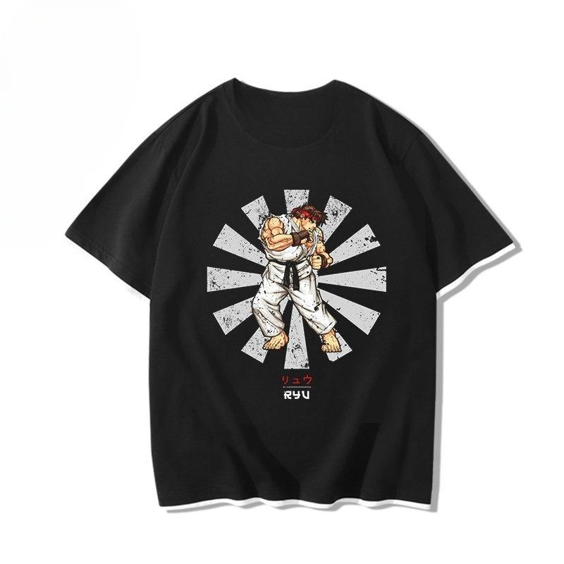 Men Ryu Ramen Noodle Print T Shirt Street Fighter Retro Japanese Anime Fighting Game Cotton Short Sleeve Casual Streetwear Tops
