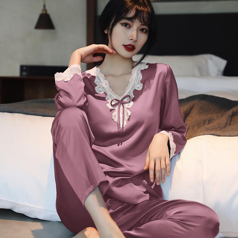 Women’s Korean Style Ice Silk Pajama Set Long Sleeve Top and Pants Spring Summer Autumn Lightweight Loungewear