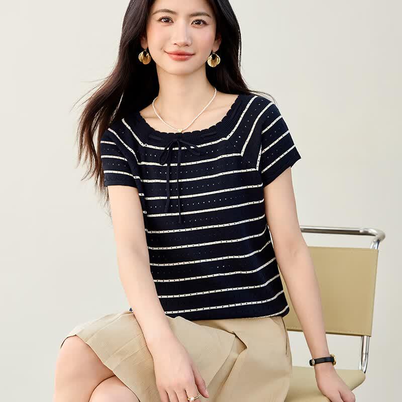 Soft Color-Block Stripe Round Neck Blouse L