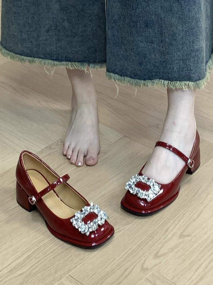 French retro high heel beige light mouth small leather shoes Mary Jane shoes women's thick heel single shoes rhinestone wedding shoes bride shoes