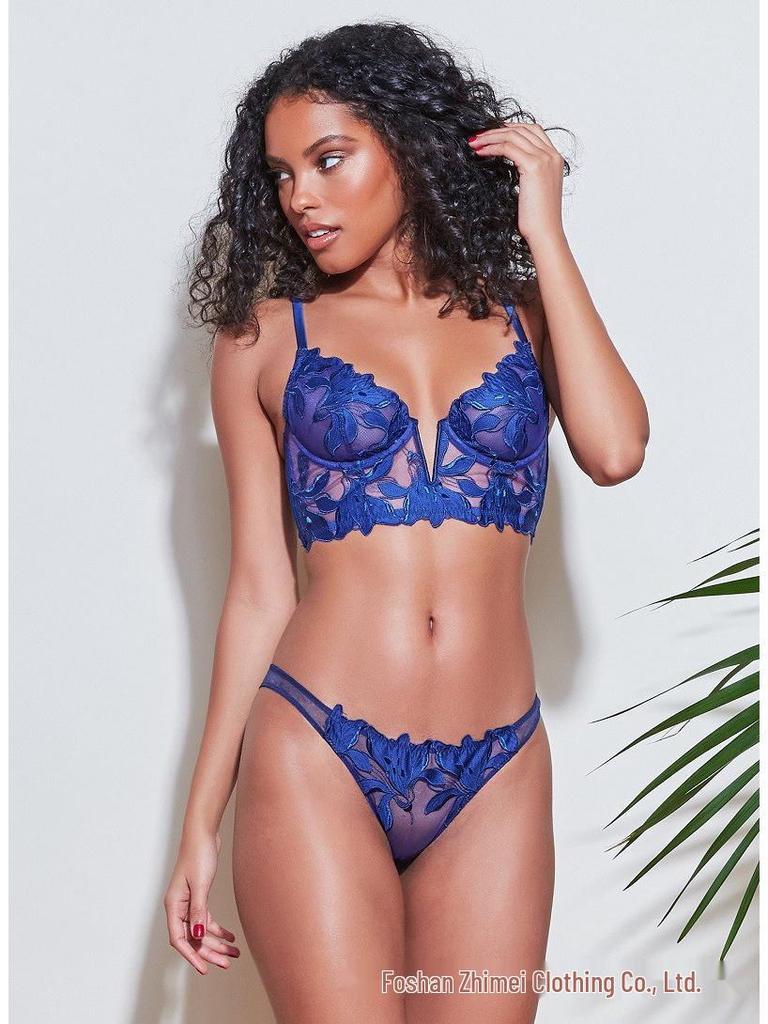 European & American Deep V Embroidered Lace Lingerie Set: Ultra-Thin Chest Minimizing Bra.