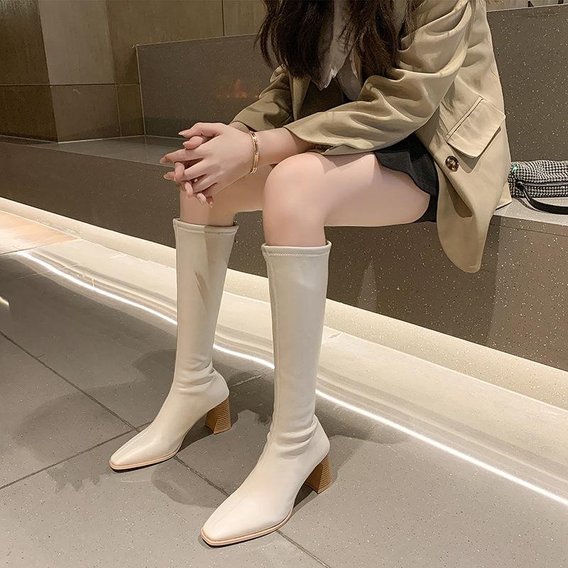 Autumn and winter new sexy square head elastic thin boots temperament high heel short boots women patent leather knight boots women