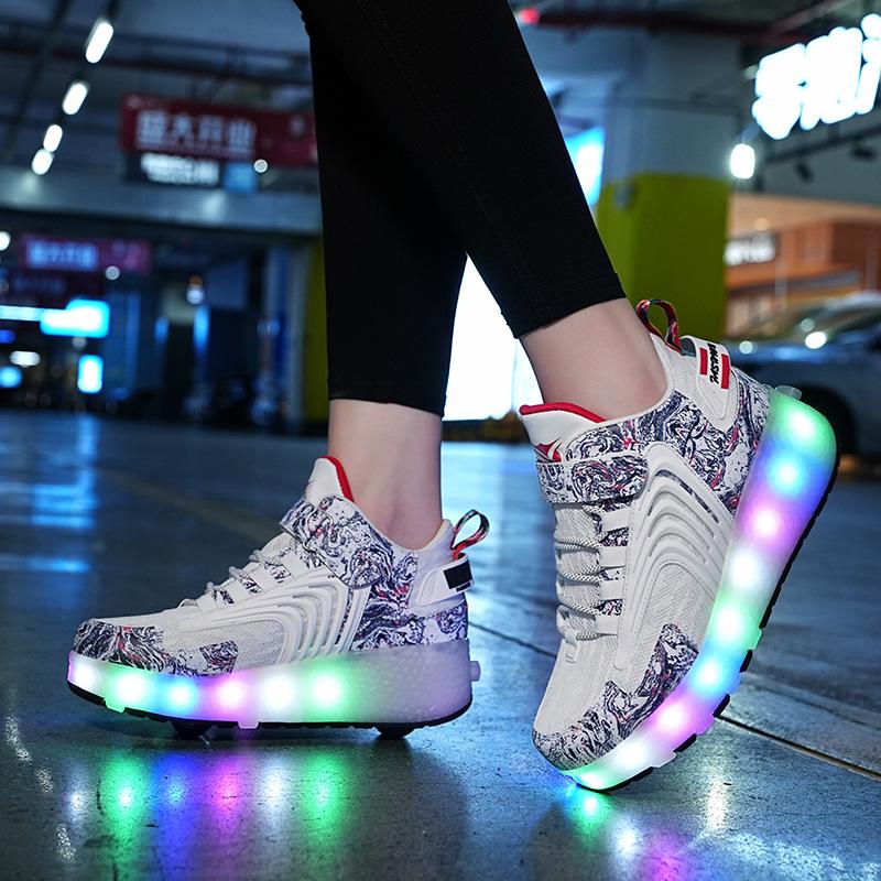 Sneakers with Wheels Runaway Shoes Children's Invisible Pulley Breathable Mesh Skating Shoelaces LED Lights Factory Direct Sales