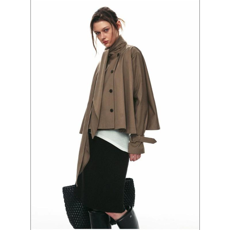 Womens Oversized Cape-Style Short Coat With Bow Collar Double Breasted Fall Jacket Casual Loose Fit