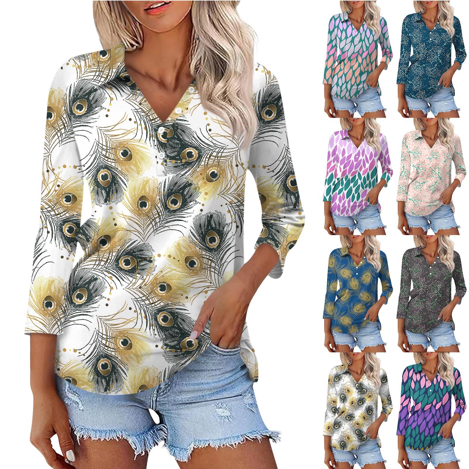 

Women s Fashion Casual Lapel 3/4 Sleeve Shirt Geometry Printed Button Up Tops XXL