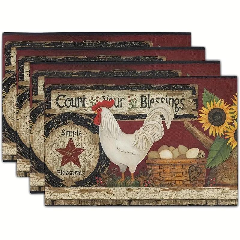 1PC Set Linen Meal Mat with Rooster Pattern Farmhouse Style Decorative Table Pad Washable and Placemat Suitable for Kitchen