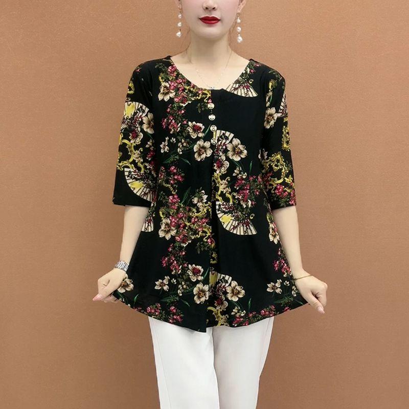 Summer Ice Silk Floral Blouse for Women Loose Round-neck Short-sleeve Pullover Printed Blouse