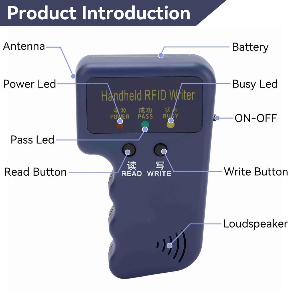 125KHz Handheld I D Card Reader Writer Portable RFID Duplicator Copier With 6 Writable Tags For Access Control Key Cloning