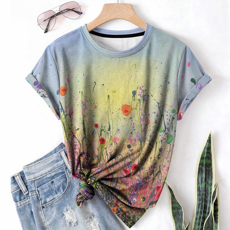 Fashion Women's Crew Neck Short Sleeve 3D Floral Color Printing Floral Short Sleeve Crew Neck T-Shirt