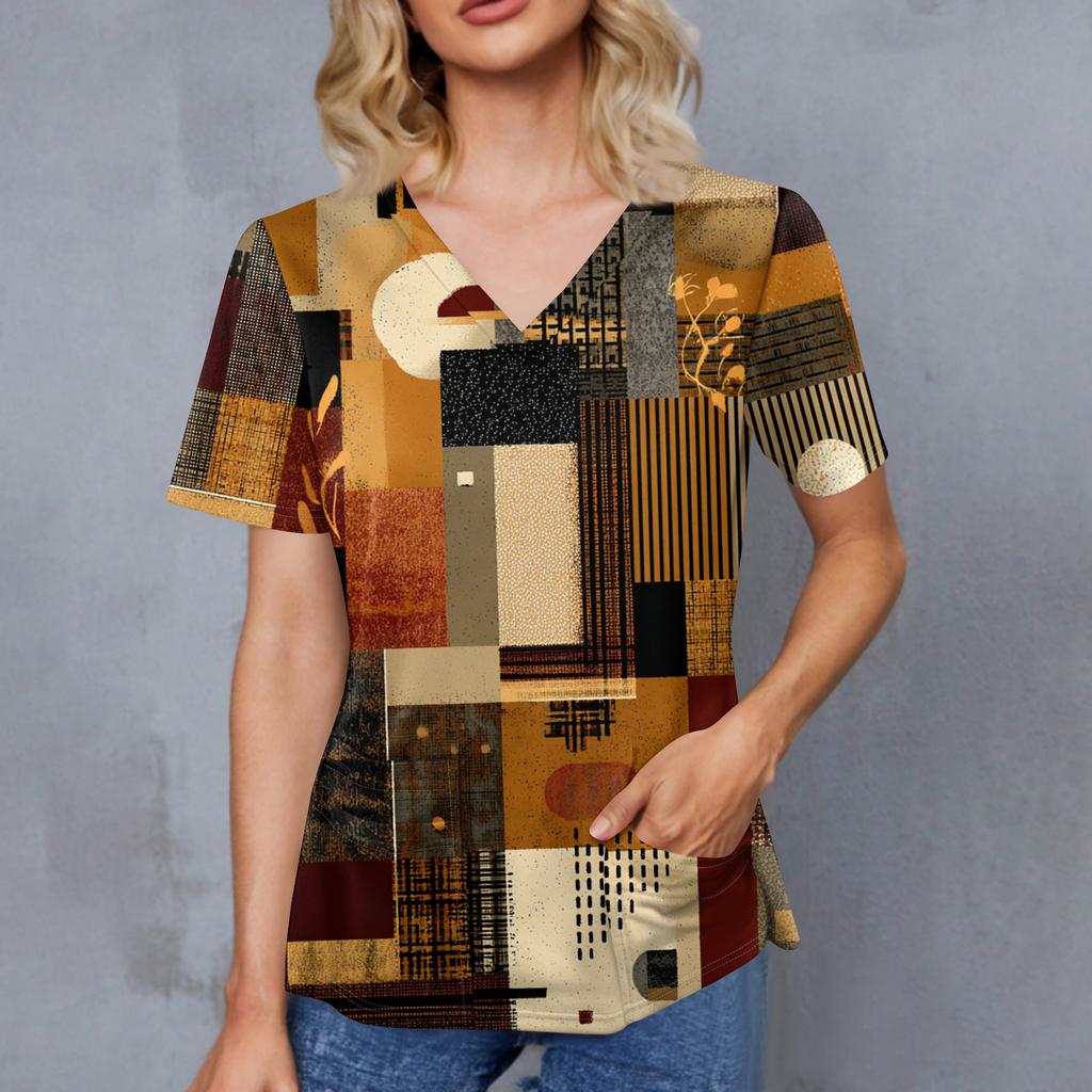 Women's Retro Printed V-Neck Double Pocket Short Sleeves Hem Slit  Uniform Caregiver Top