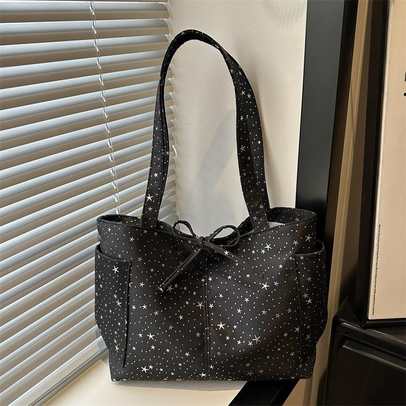 Light Blue Tote Bag With Glitter Star Pattern Bow Decor Multi Pockets For School Shopping Daily Outings Travel