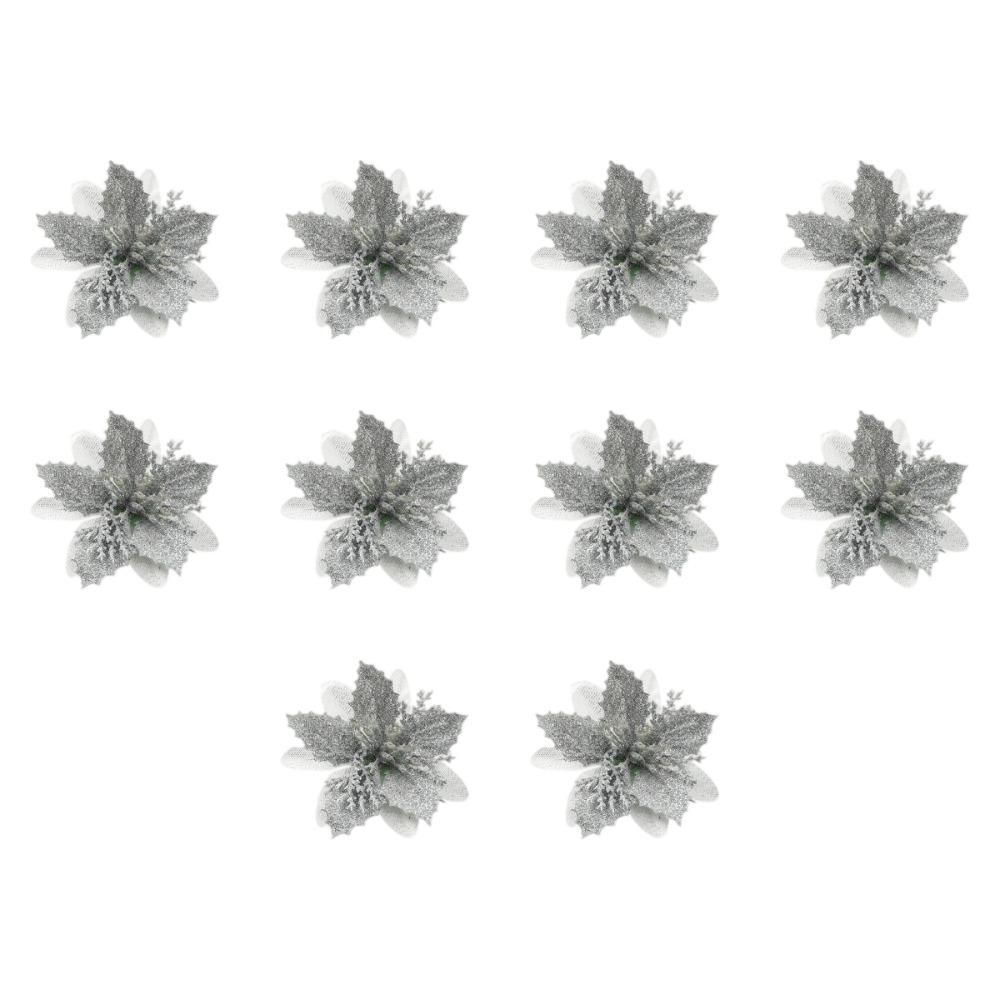 10Pcs Multi-Color Artificial Poinsettia Flowers Sequin Plastic Christmas Flowers Ornaments Holiday