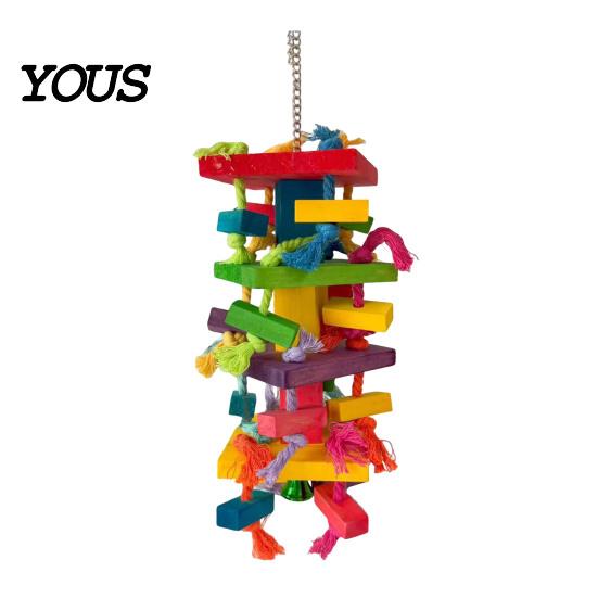Durable Parrot Toy Chewing for Macaws African Greys, Colorful Wooden Block Puzzle with Cotton Rope Bird Tassels, Hanging Interactive