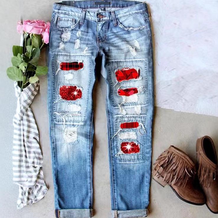 European & American Printed Ripped Plus Size Mid-Waist Women s Jeans 3XL