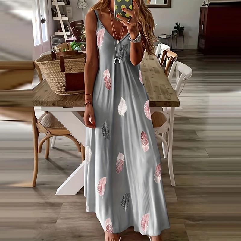 All-Season Chic Feather Print Maxi Dress Casual V-Neck Comfort Stretch Easy Care