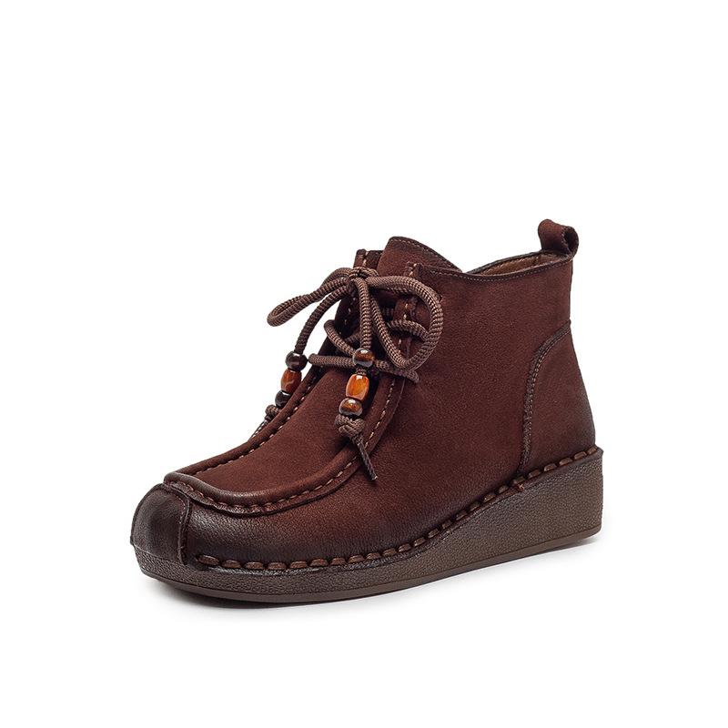 New High-top Fleece Women's Ankle Boots, Retro Wedge Heels, Soft-soled Side Zipper Women's Shoes