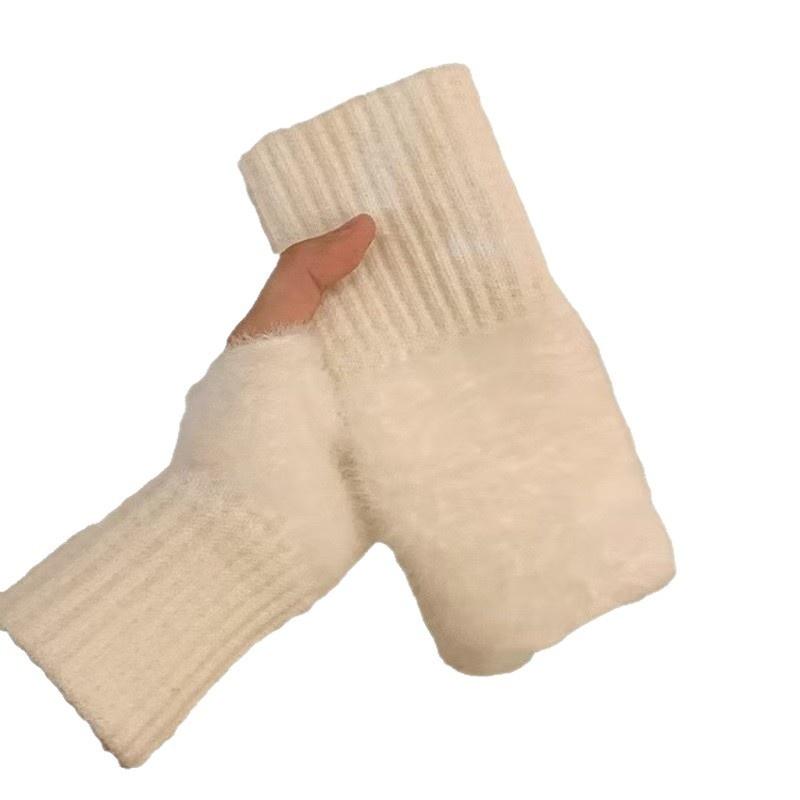 New Style Knitted Finger-Free Gloves Women's All-Match Half-Finger Half-Finger Warm Autumn and Winter Hand Socks Simple Solid Color Plush Gloves