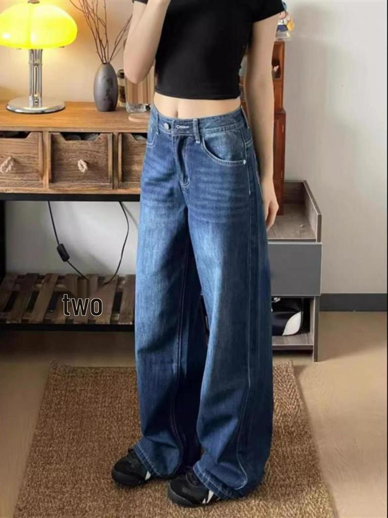 Women's High Waist Embroidered Blue Loose Jeans - Summer 2025 Retro Thin Floor-Length Straight Leg