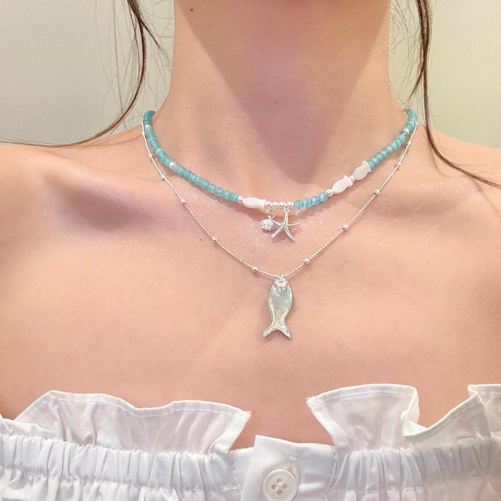 Sea Salt Blue Bead Fish Necklace: Women's Layered Clavicle Chain, Vacation-Style, Niche Design.