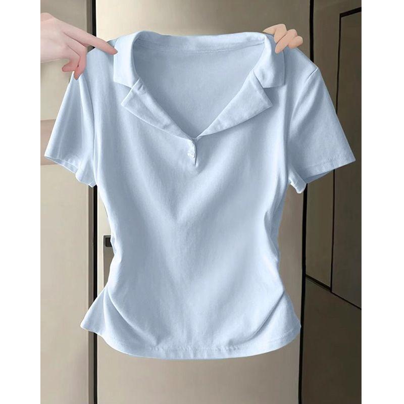 

Женская футболка с короткими рукавами и открытыми плечами, лето 2025, рубашка поло нового дизайна с V-образным вырезом, приталенная, тонкий короткий топ S синий