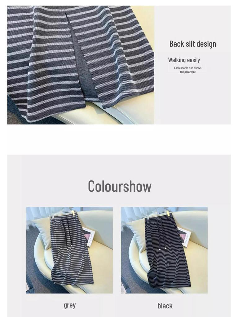 Women's Striped Knit A-Line Midi Skirt with Slit - Spring/Autumn 2025 Korean Style
