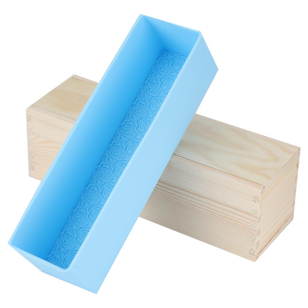 DIY Rose Pattern HandMade Bread Soap Mould Silicone Liner Mold Cake Making Wooden Box(Sky Blue