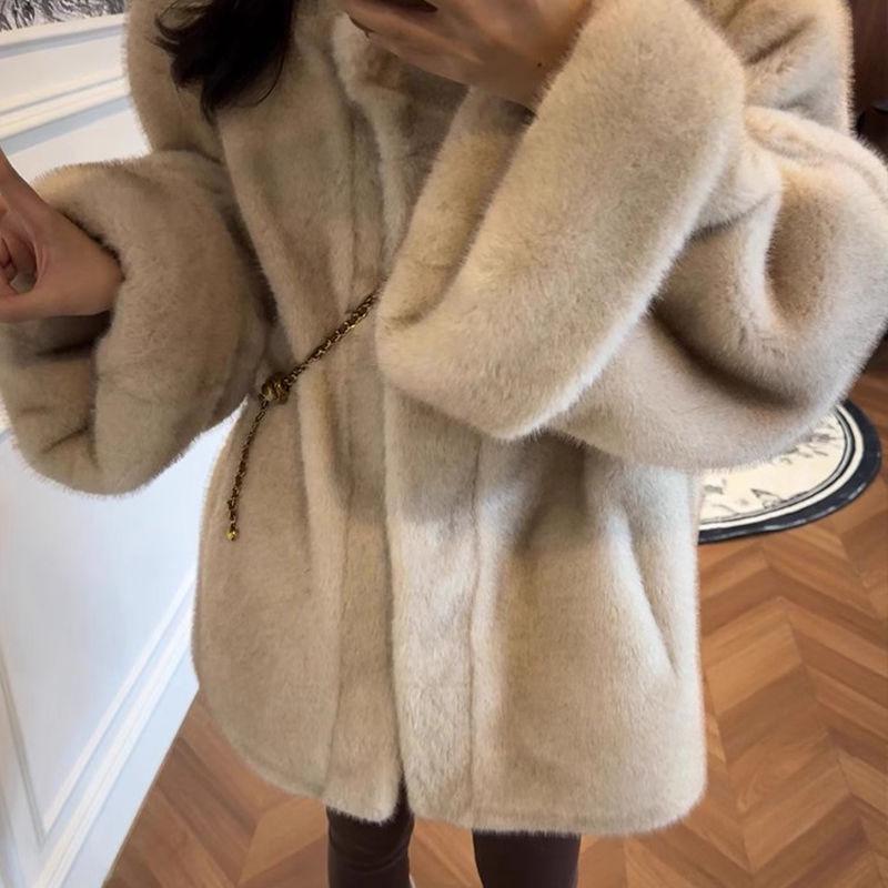Vintage Zweifarbiger Nerzplüsch-Shearling-Mantel im koreanischen Stil mit Stehkragen und Manschettenärmeln für Damen