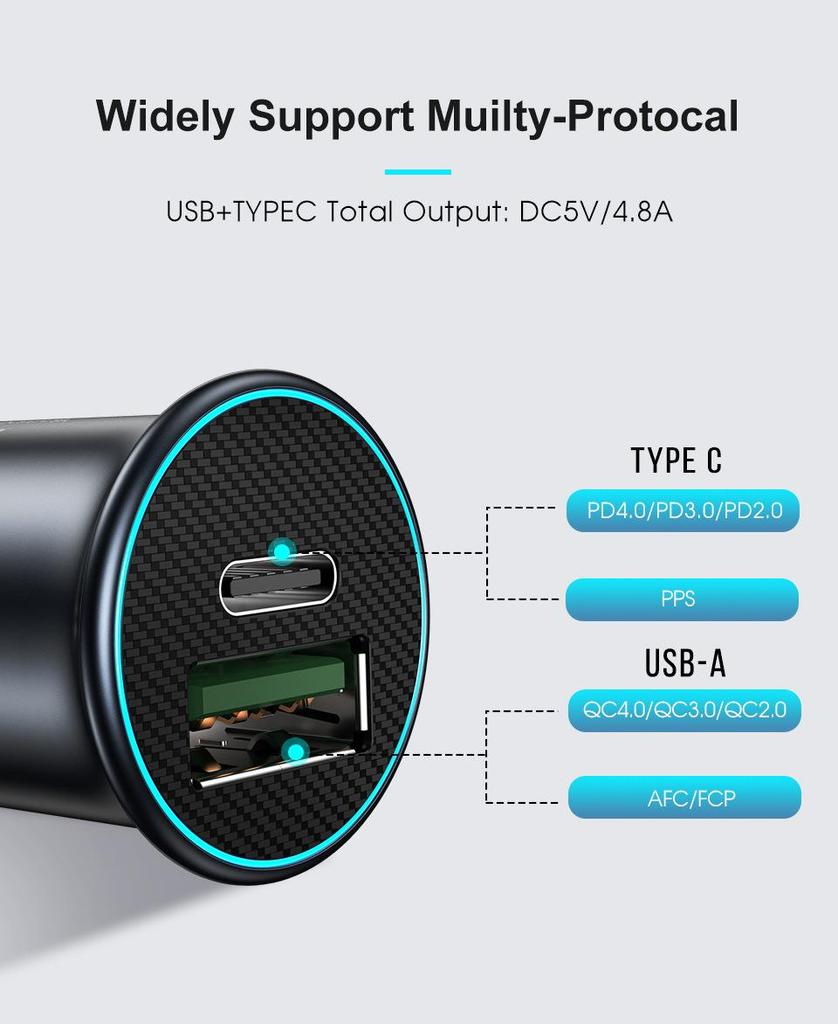 60W Mini PD USB-C Car Charger for Apple & Huawei with QC3.0 Compatibility