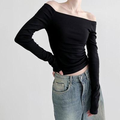 Zwart Solid Slash Hals Elegante Lange Mouw Tops Koreaanse Mode Slanke Sexy Cropped T-shirt Vrouwen Herfst Kleding
