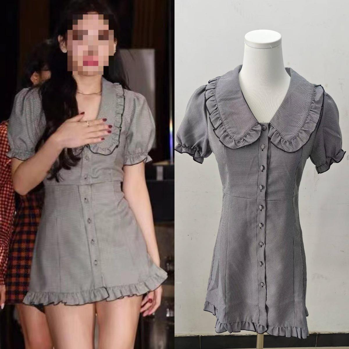 Summer 2025 Sweet & Spicy Plaid Doll Collar Cinched Waist Houndstooth Dress S