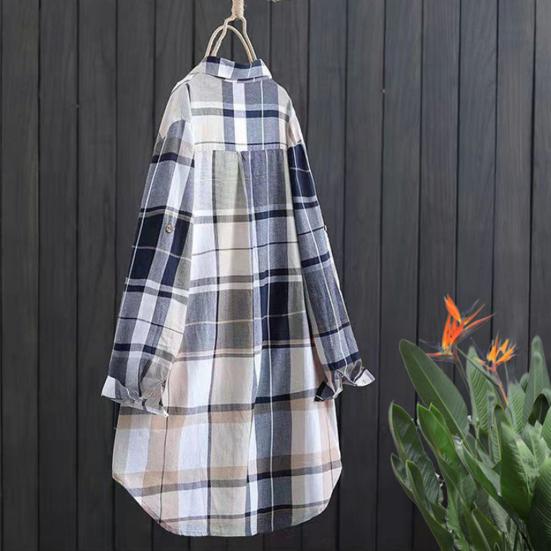 Women Shirt Lapel Long Sleeve Colorful Plaid Print Shirt with Pocket Loose Fit Mid-length Single-Breasted Shirt