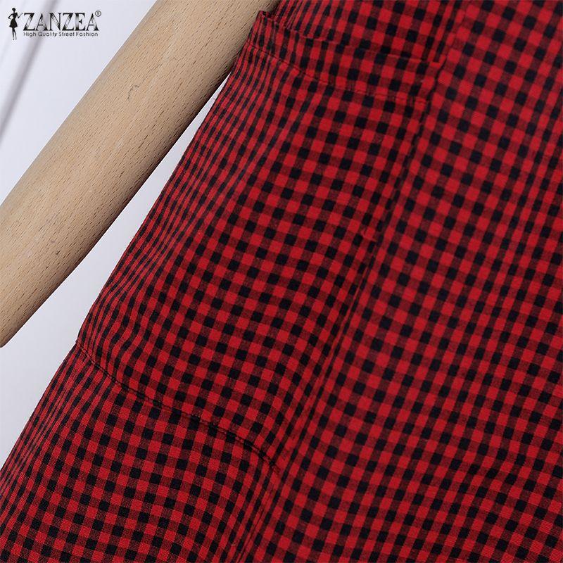 ZANZEA Women Casual Button Round Neck Short Sleeve Plaid Print Dress