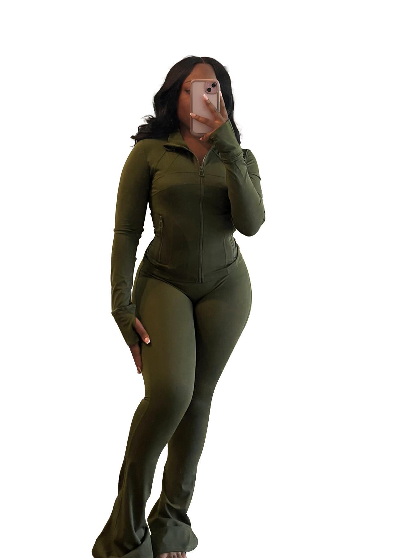 

HR24057 Женский сексуальный спортивно-повседневный костюм из двух предметов с длинным рукавом и расклешенными штанами L оливковое зеленый