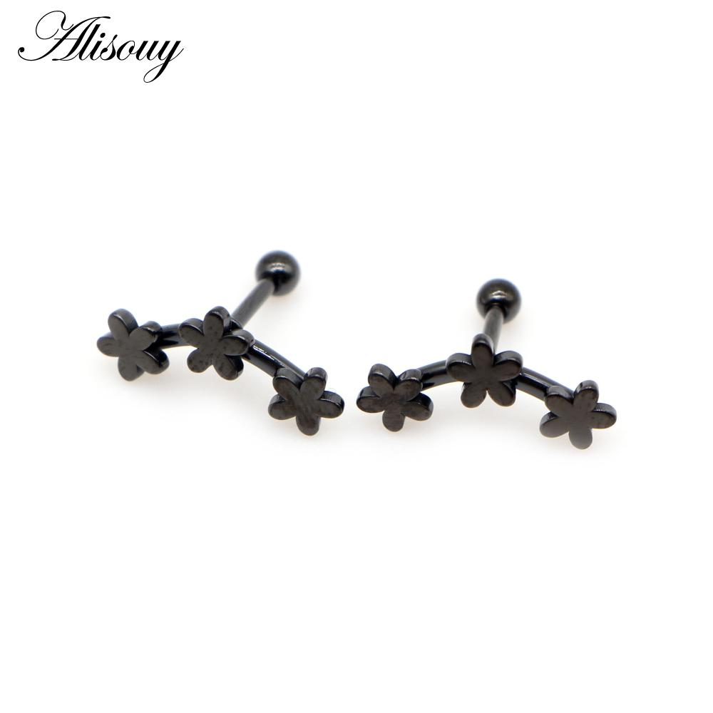 Alisouy 2pcs Fashion Three Flowers Stars Stainless Steel Men Women Ball Screw Ear Stud Earrings Unisex Piercing Jewelry Gift