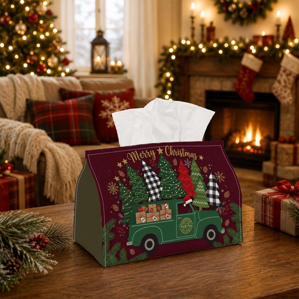 1pc Cozy Farmhouse Holiday Tissue Box - Vintage Truck Present Box Pine Tree Napkin Storage Box, Suitable for Rolls/facial Tissues/single Sheets,availa