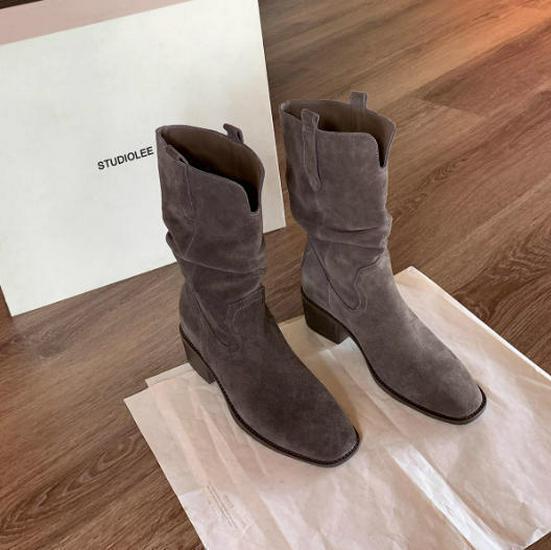

Genuine Leather Women s Martin Boots - 8cm Heel, Mid-Calf, Petite Height, Slouch Design Size 34