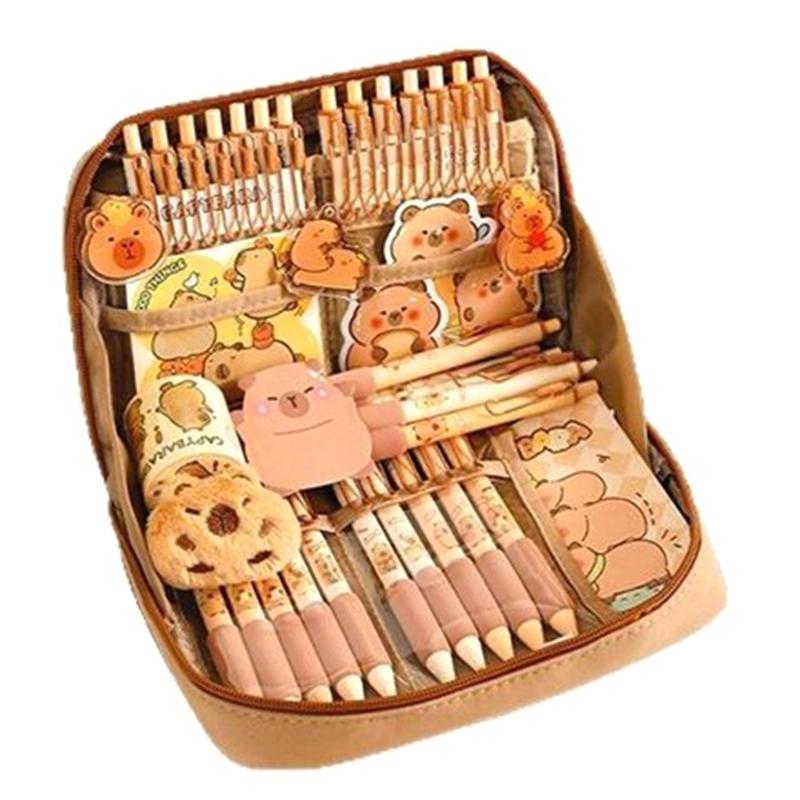 9Pcs Capybara Student School Stationeries With Large Pencil Case Eraser Pen Paper Clamp Highlighter Pen Ruler Sticker