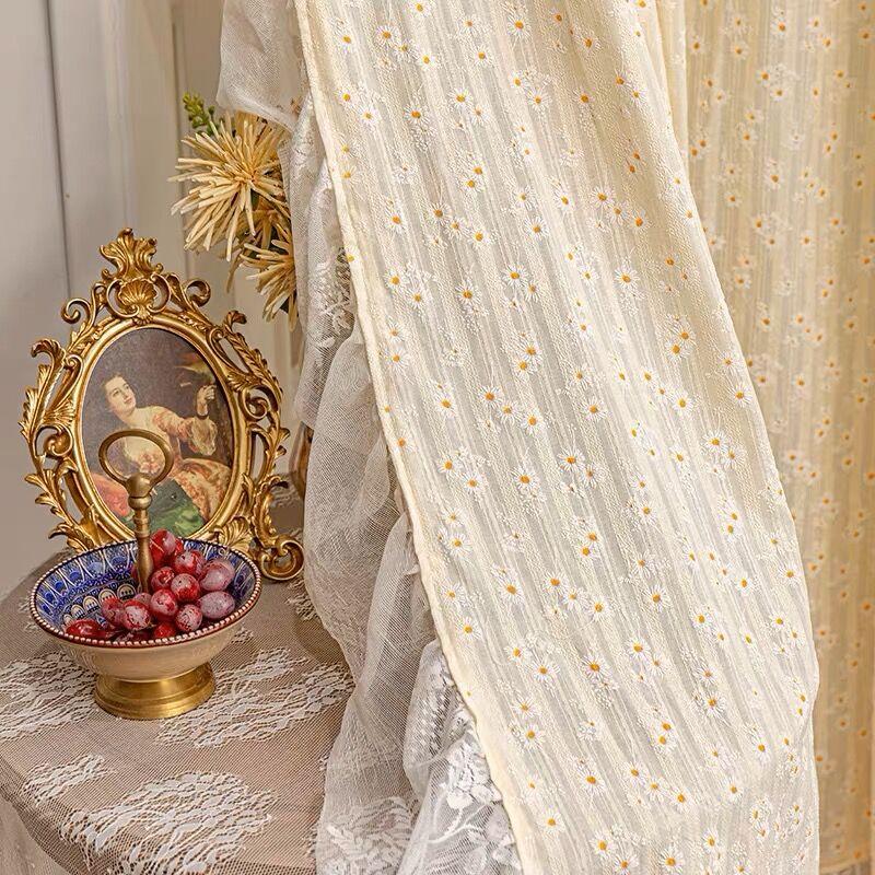 Licht Gele Margriet Franse Vintage Ruches Kant Bloemen Semi Verduisterende Gordijnen Katoen Linnen Raam Deur Kast Gordijnen voor Slaapkamer 1PC W100 x H150cm&Rod Pocket